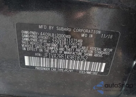 2019 Subaru Wrx Sti z USA, uszkodzony, nr VIN JF1VA2R61K9818752